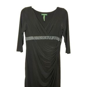 Lauren Ralph Lauren Women's Size 14P Black Dress Vneck Faux Wrap Ruched Side Zip
